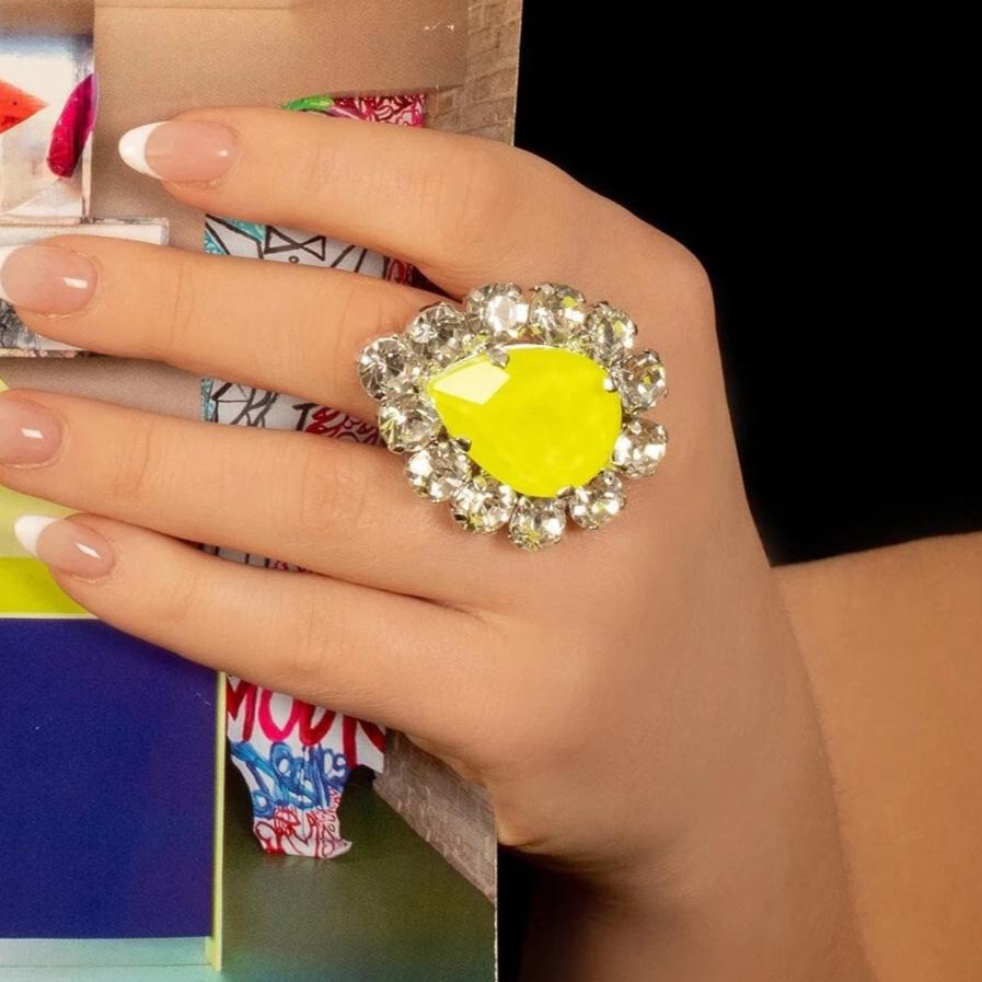 Neon Yellow Vibrant Crystal Dress Ring With Adjustable Band  Staged Jewels