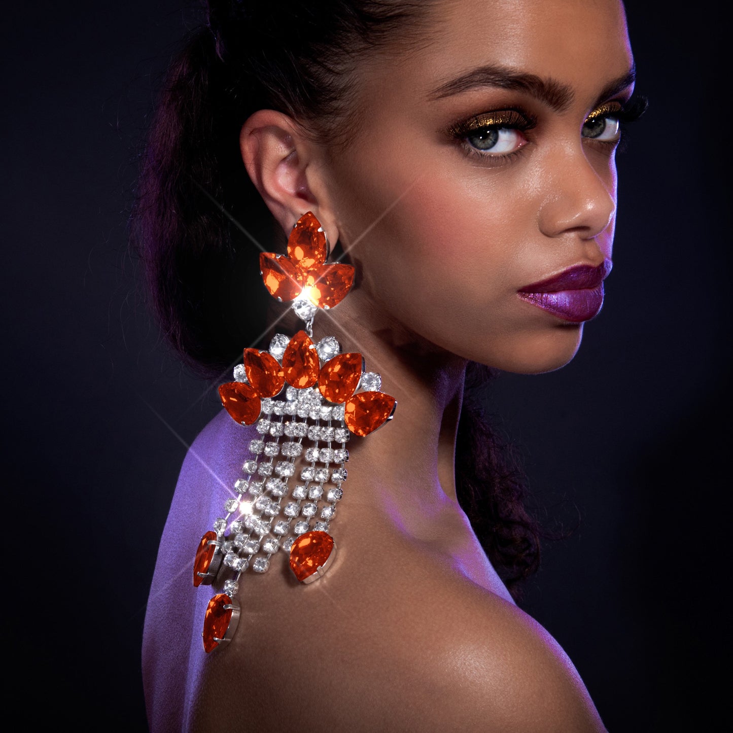 Oversize Orange Large Austrian Crystal Earrings | Clip On Also Available | Clear Dropper Statement Earrings | Crystal Jewellery