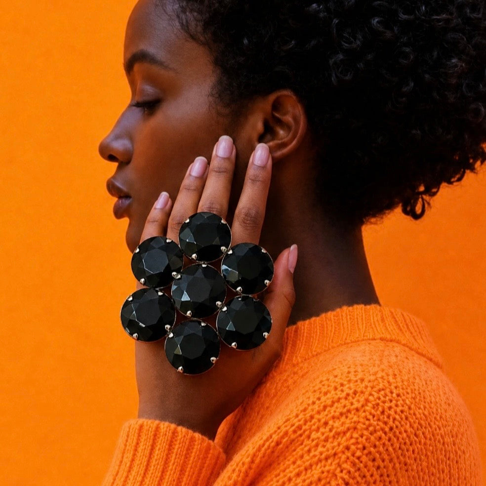 Giant Black Crystal Knuckleduster Ring, Adjustable Band