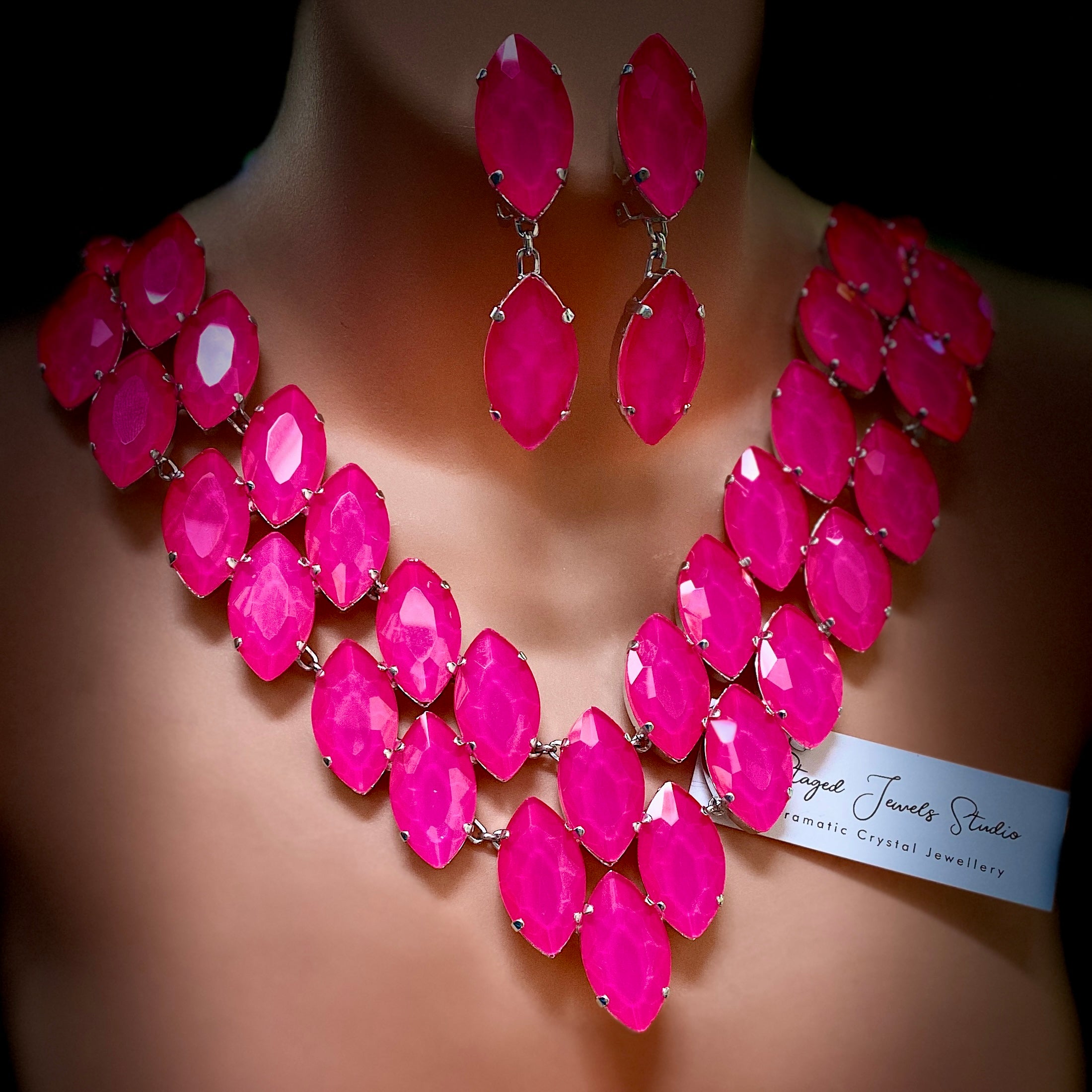 Neon Pink Oversized Crystal Statement Necklace Set