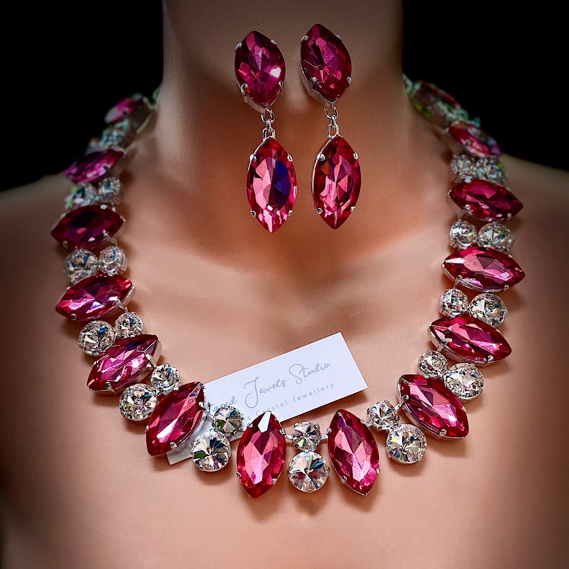 Vintage Pink Crystal Wreath Necklace & Earrings