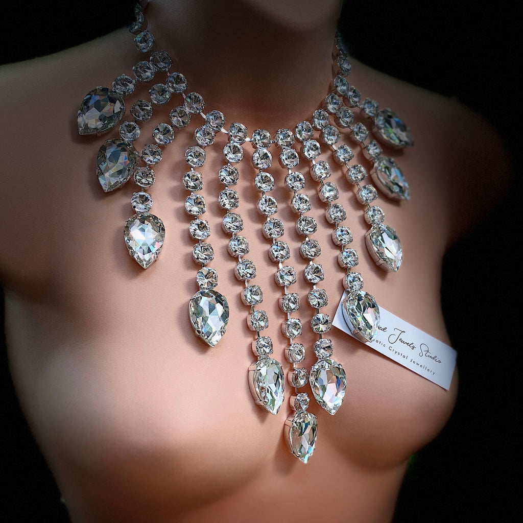 Statement teardrop crystal waterfall necklace