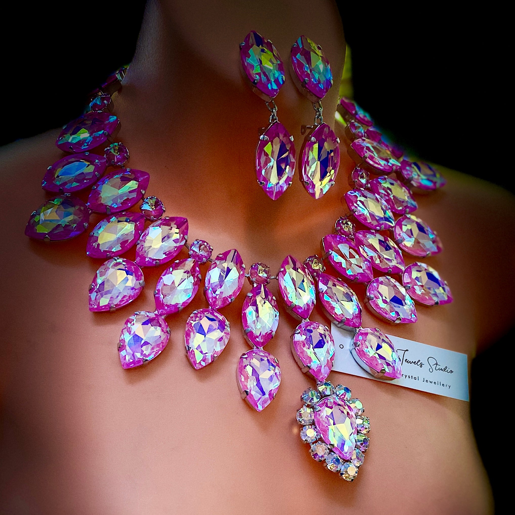 Pastel Pink Crystal Bib Necklace With Earrings