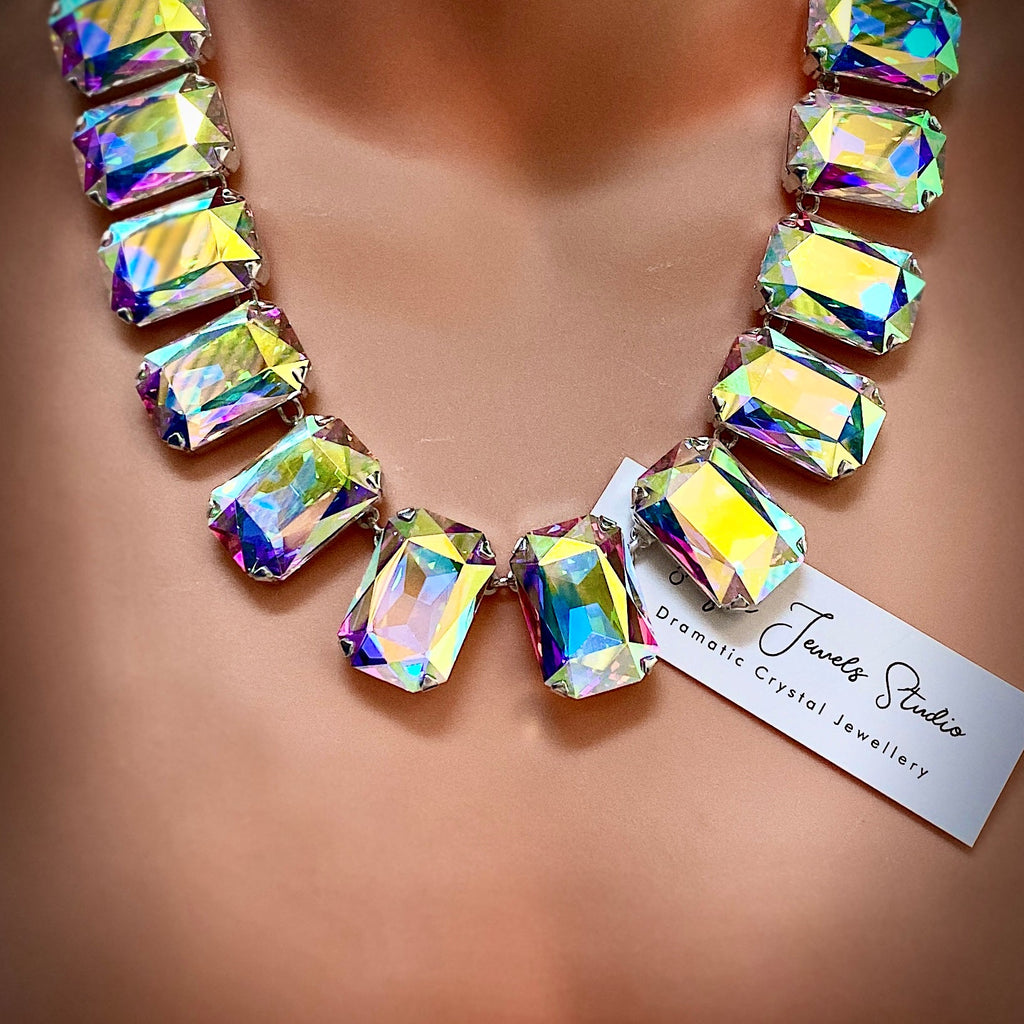 Plunging crystal necklace by Staged Jewels