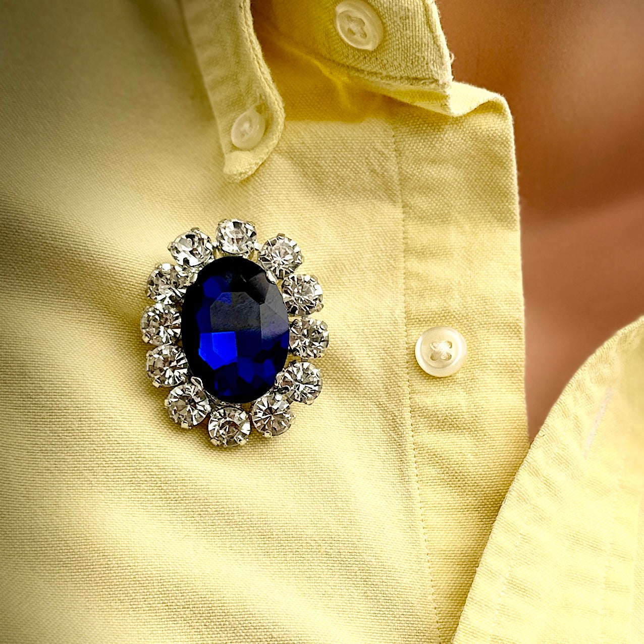 Sapphire Blue & Colourless Oval Brooch With Austrian Crystal & Silver Plate