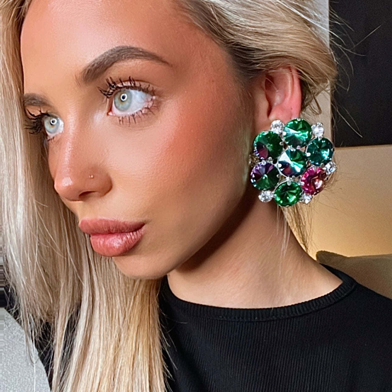 Dramatic Seawitch Green Cluster Earrings With Austrian Crystal