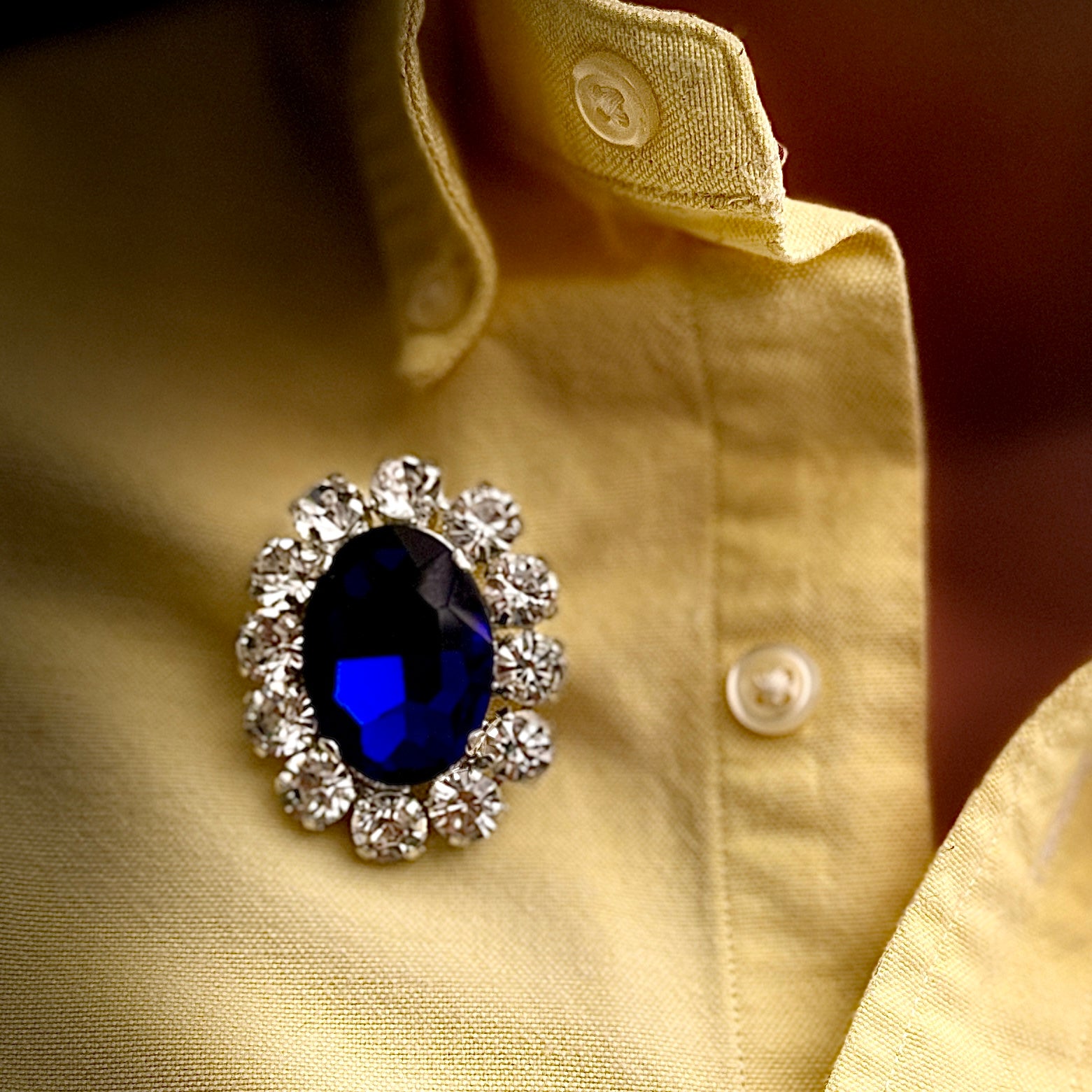 Sapphire Blue & Colourless Oval Brooch With Austrian Crystal & Silver Plate