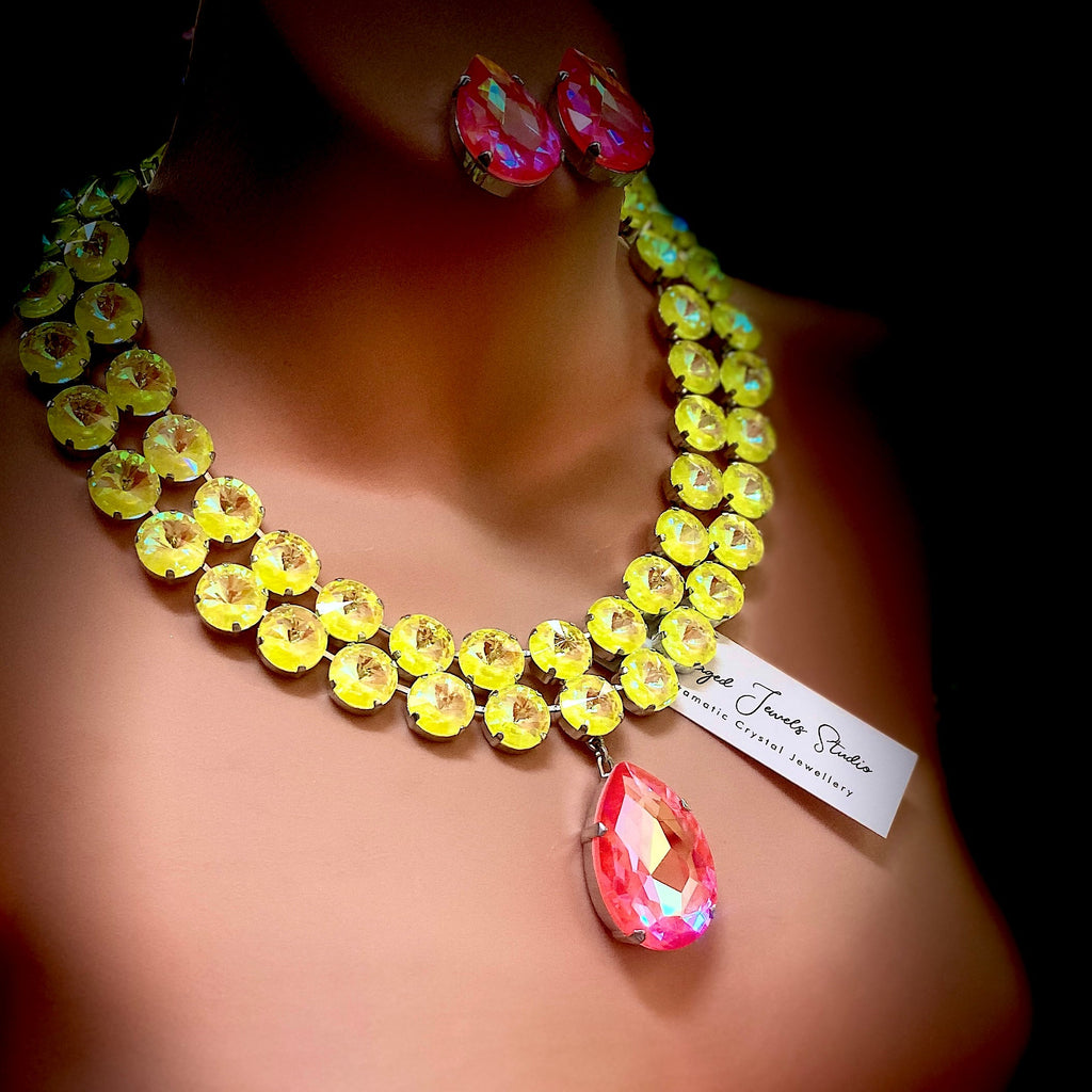 Tropical multicolour crystal statement necklace and earrings set
