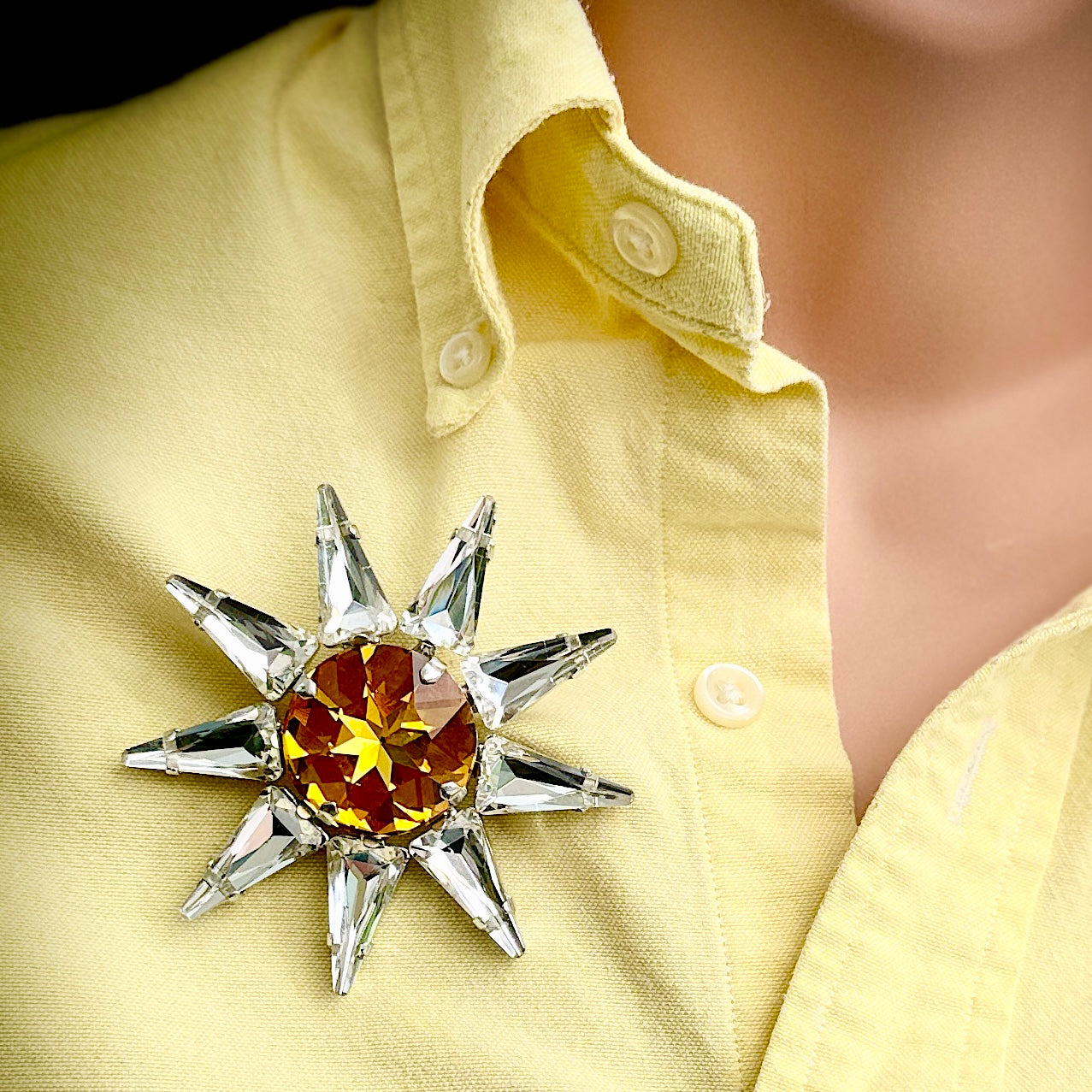 Helios Golden Yellow Sunl Brooch With Austrian Crystal & Silver Plate