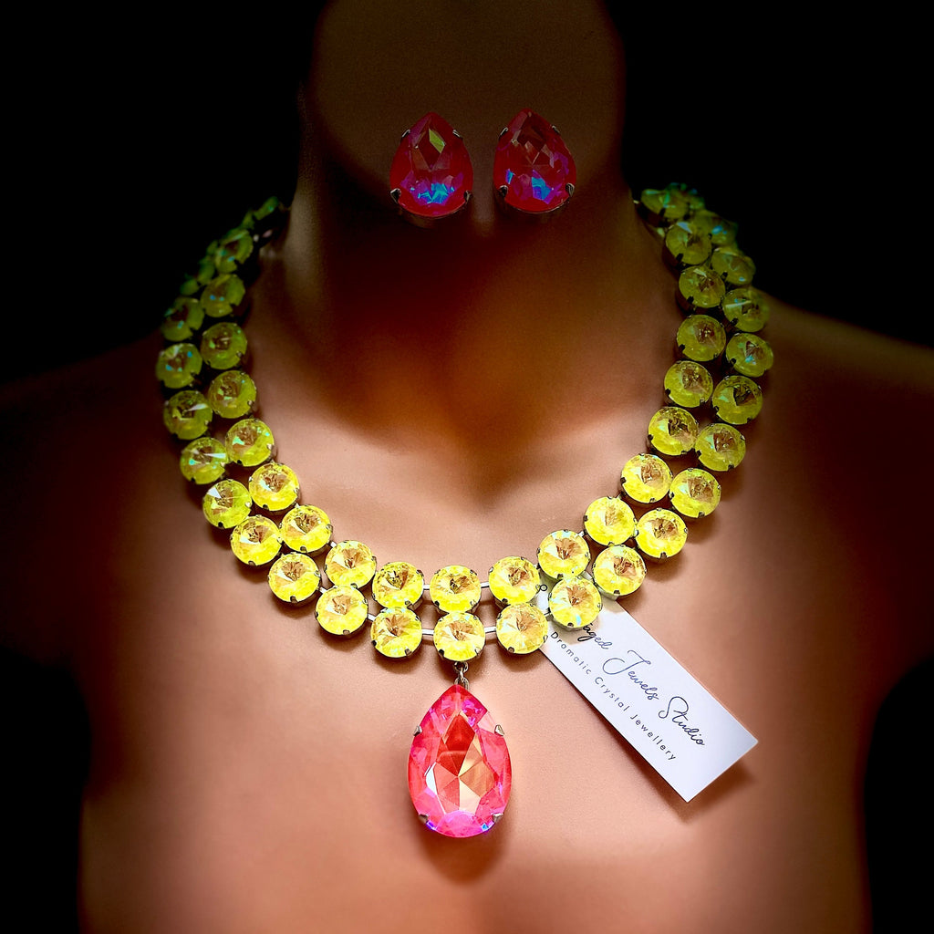 Multicolour tropical crystal necklace by Staged Jewels