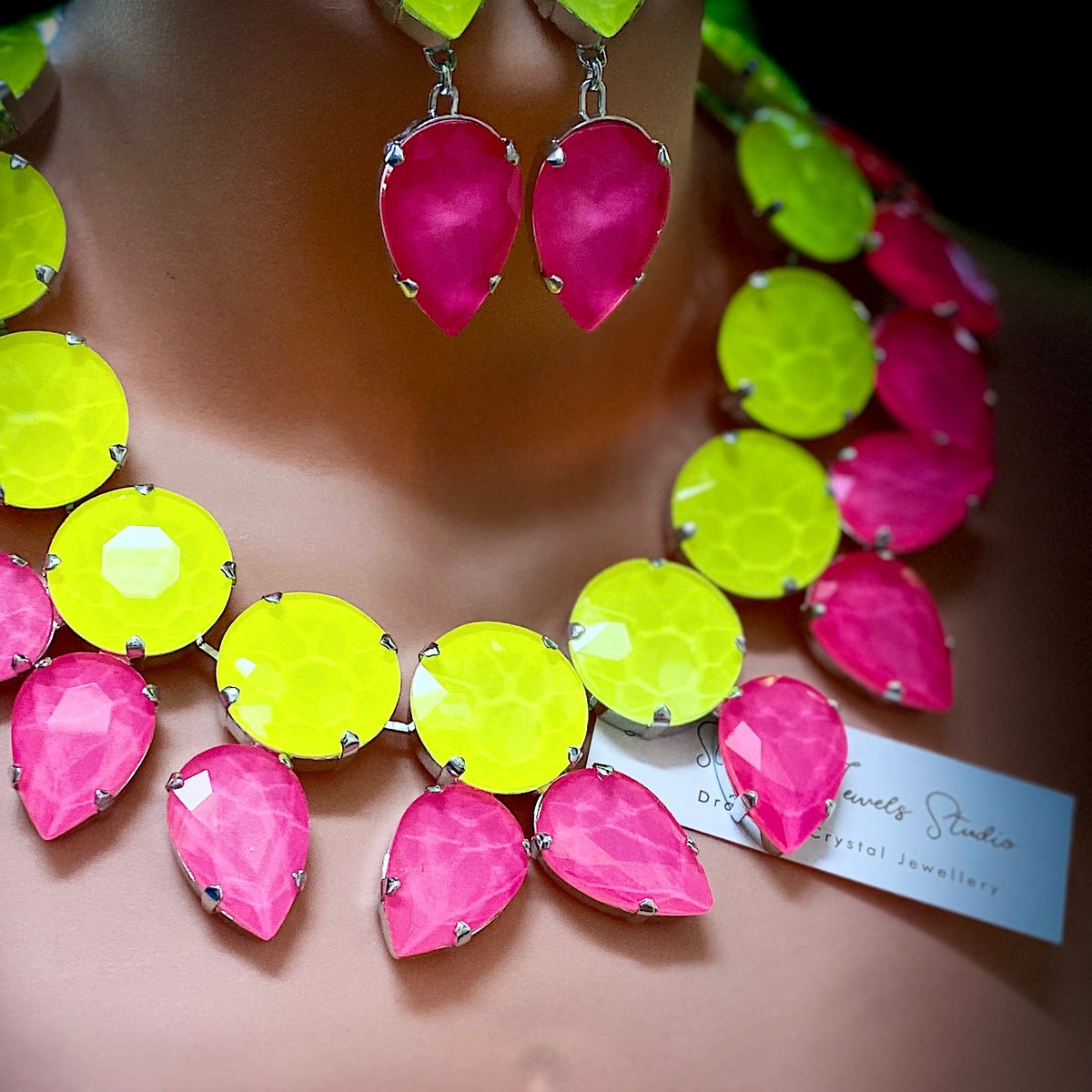 Bright citrus crystal necklace and earring set by Staged Jewels