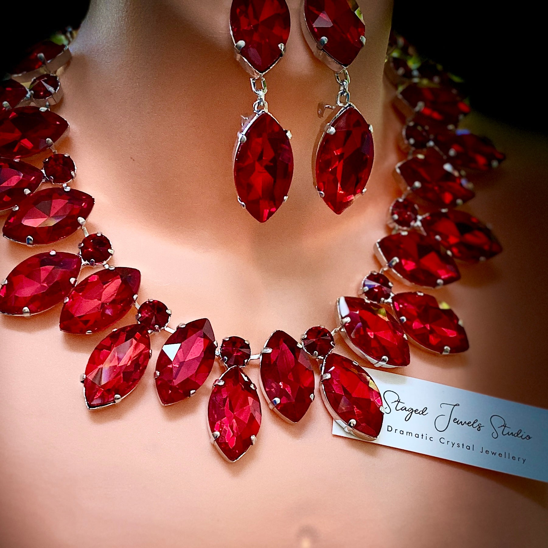 Ruby Red Crystal Necklace Set With Earrings