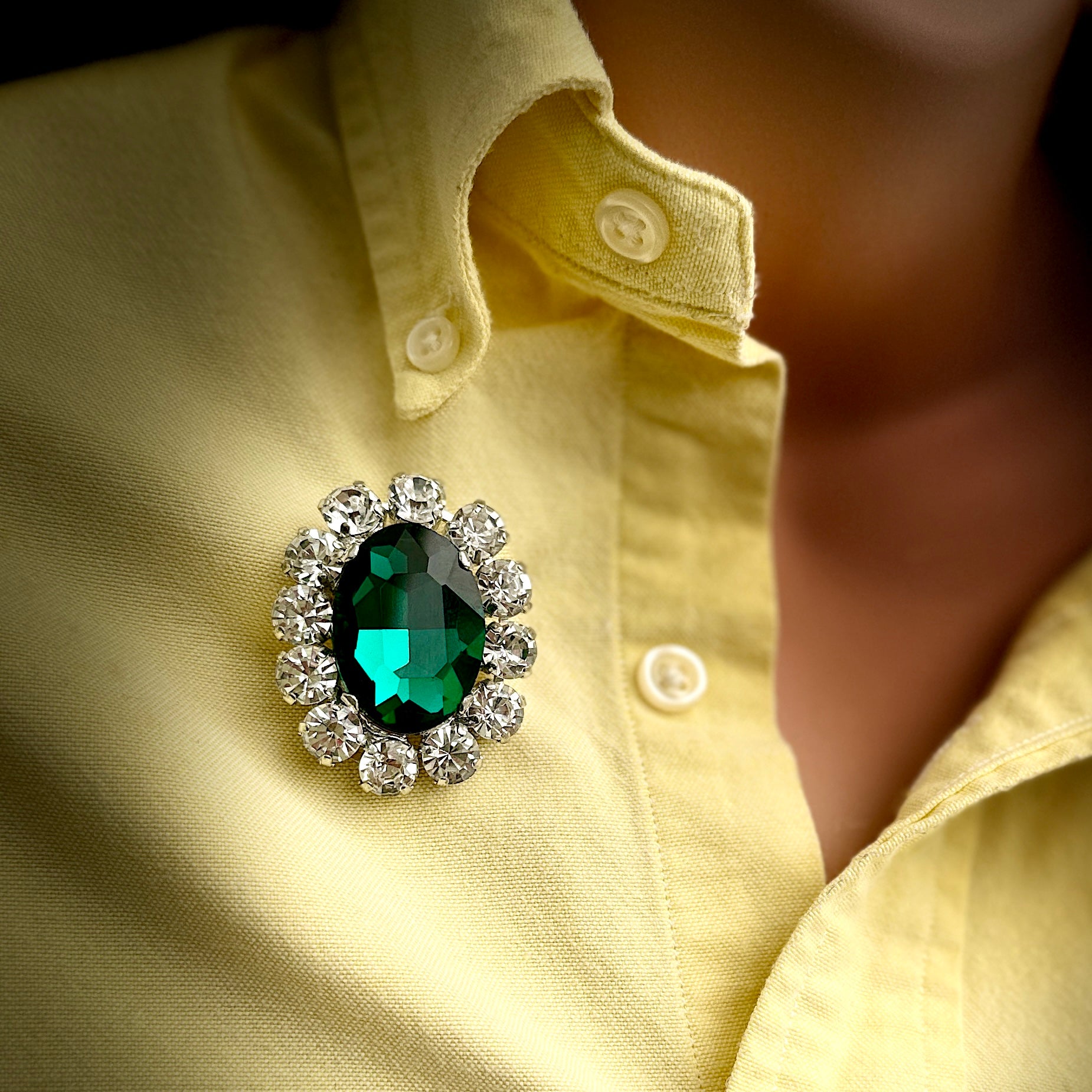 Large Handmade Emerald Green Encrusted Oval Brooch With Austrian Crystal & Silver Plate