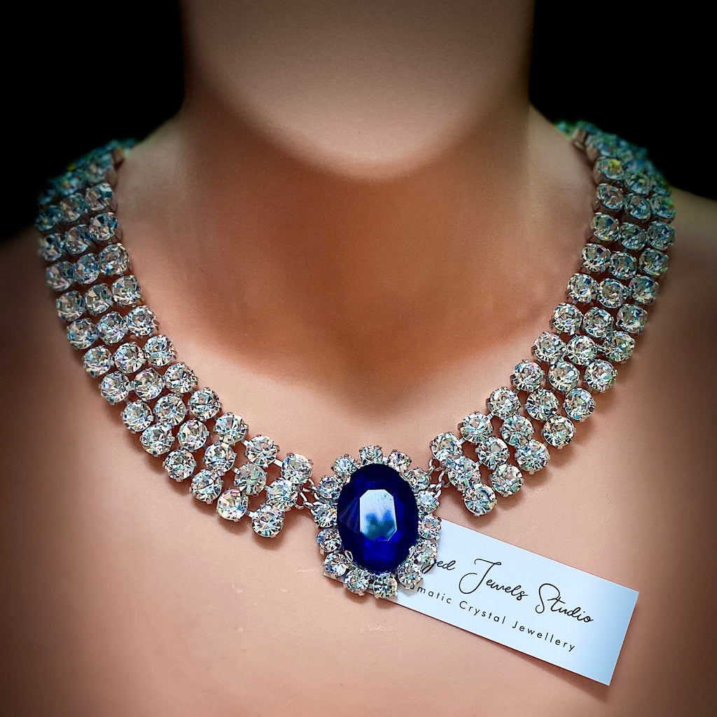 Royal inspired blue crystal statement necklace with Austrian crystals