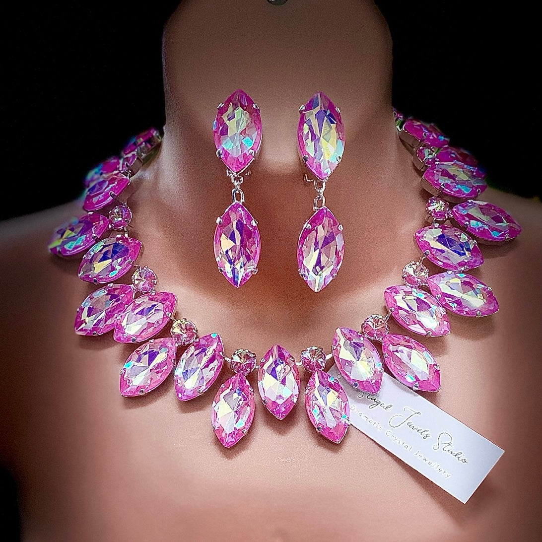 Pastel Pink Crystal Wreath Necklace With Earrings