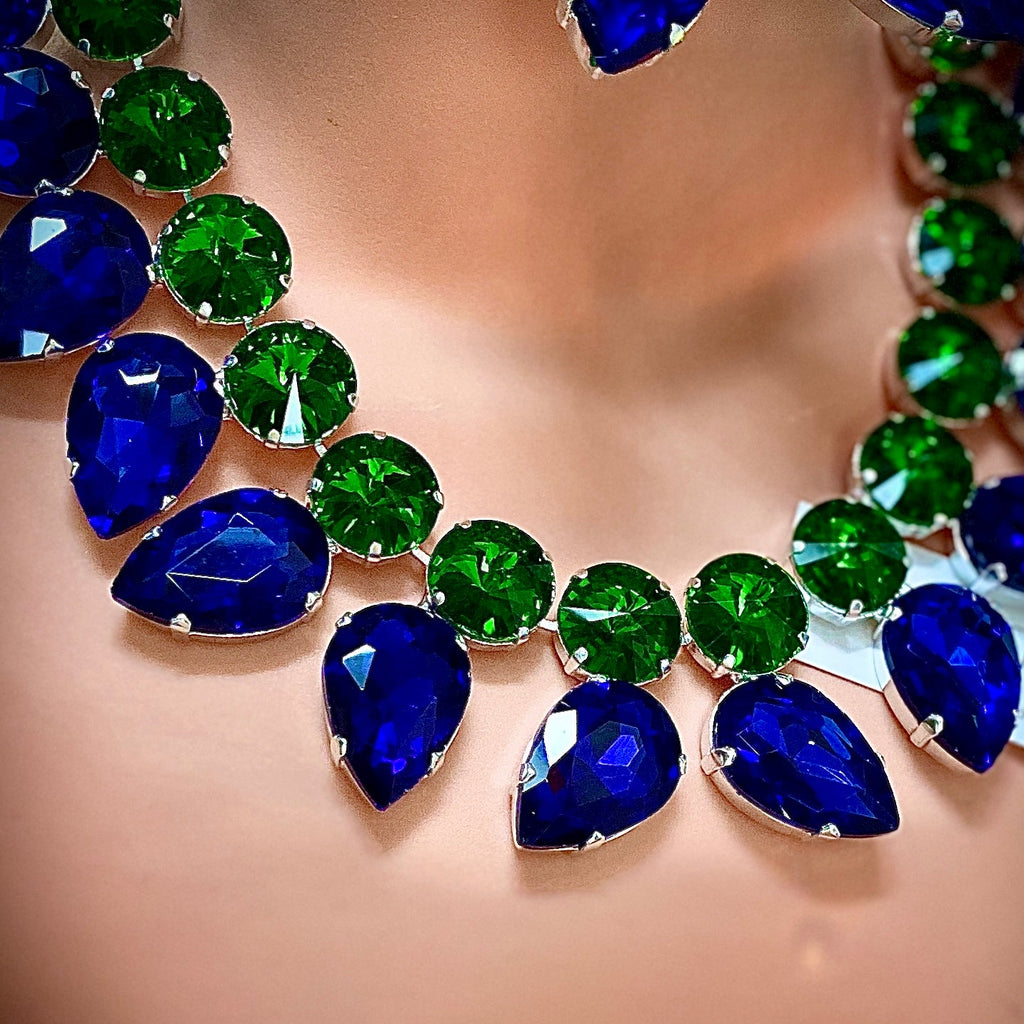 Emerald green and sapphire blue crystal statement necklace