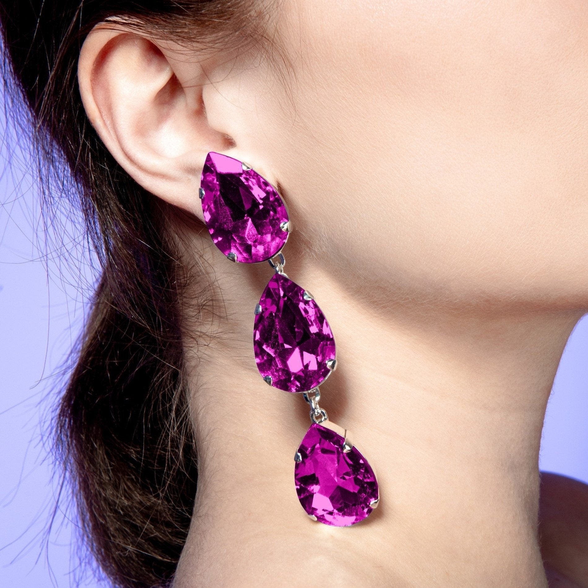 Hot Pink Triple Teardrop Dangle Earrings With Austrian Crystal