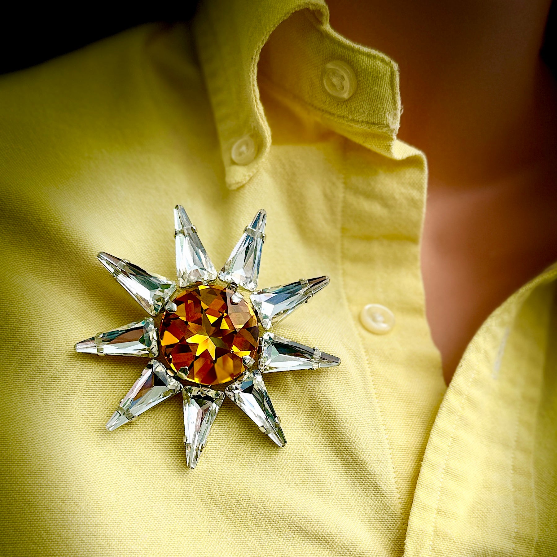 Helios Golden Yellow Sunl Brooch With Austrian Crystal & Silver Plate