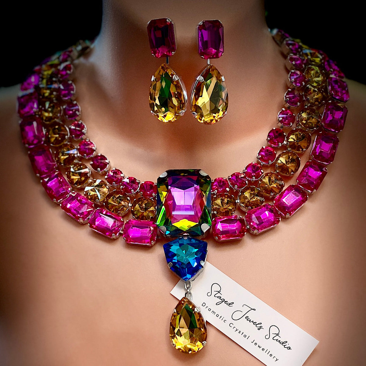 Rainbow Pride crystal wreath statement necklace