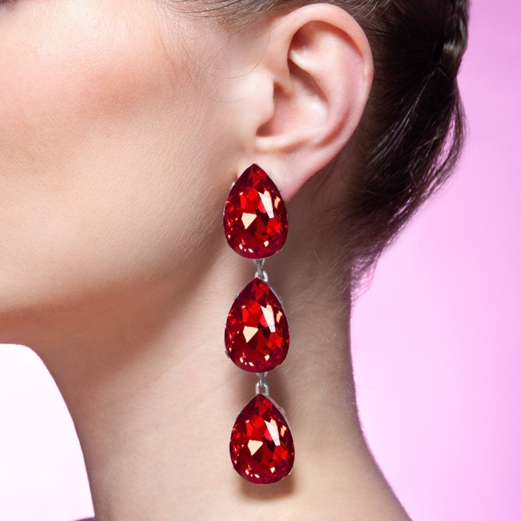 Ruby Red Triple Teardrop Luxury Earrings With Austrian Crystal