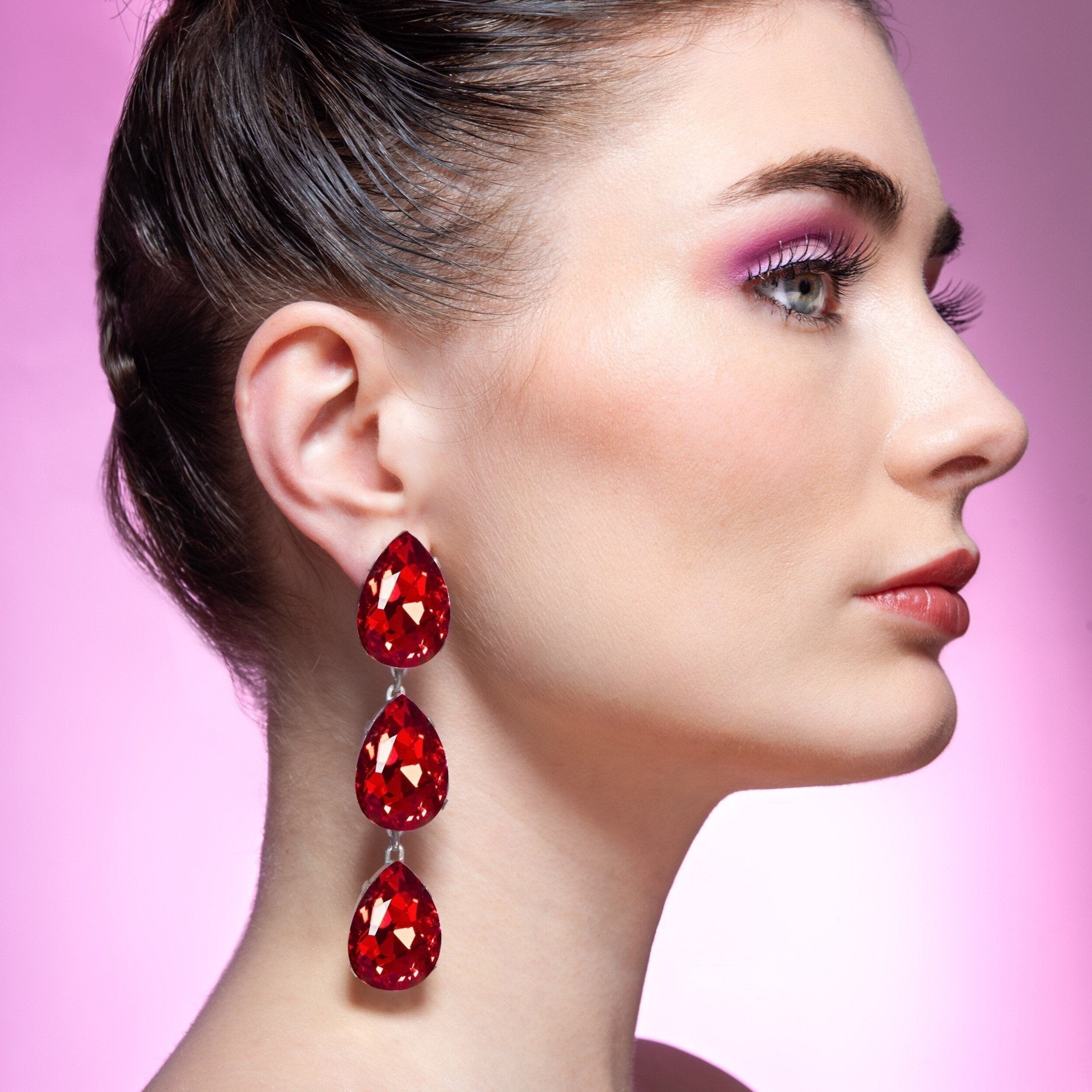 Ruby Red Triple Teardrop Luxury Earrings With Austrian Crystal