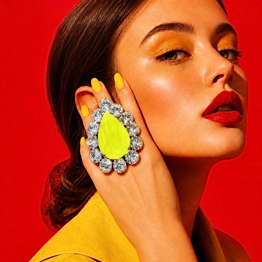 Giant Neon Yellow Crystal Cocktail Ring
