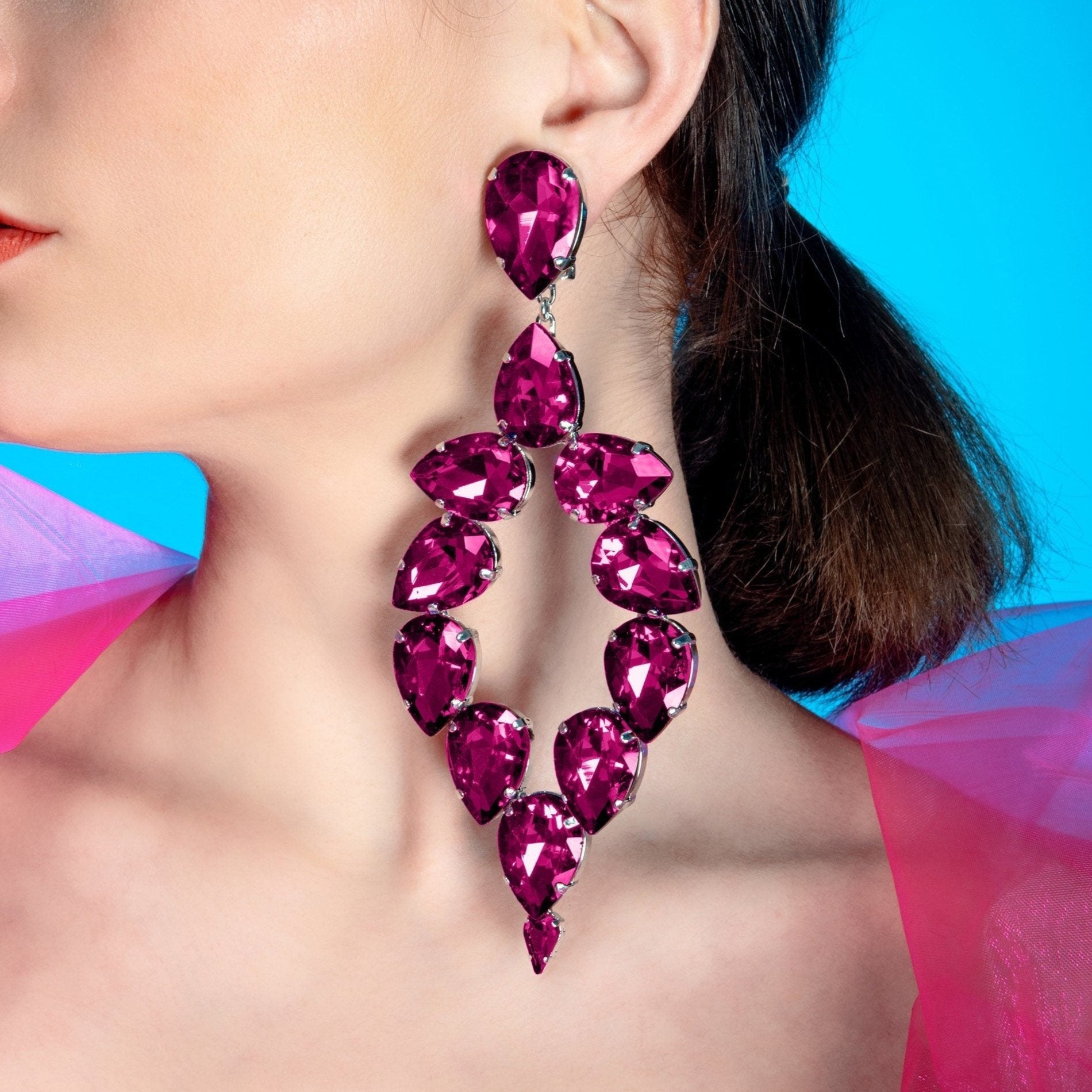 Dramatic Fuchsia Pink Dress Earrings With Austrian Crystal