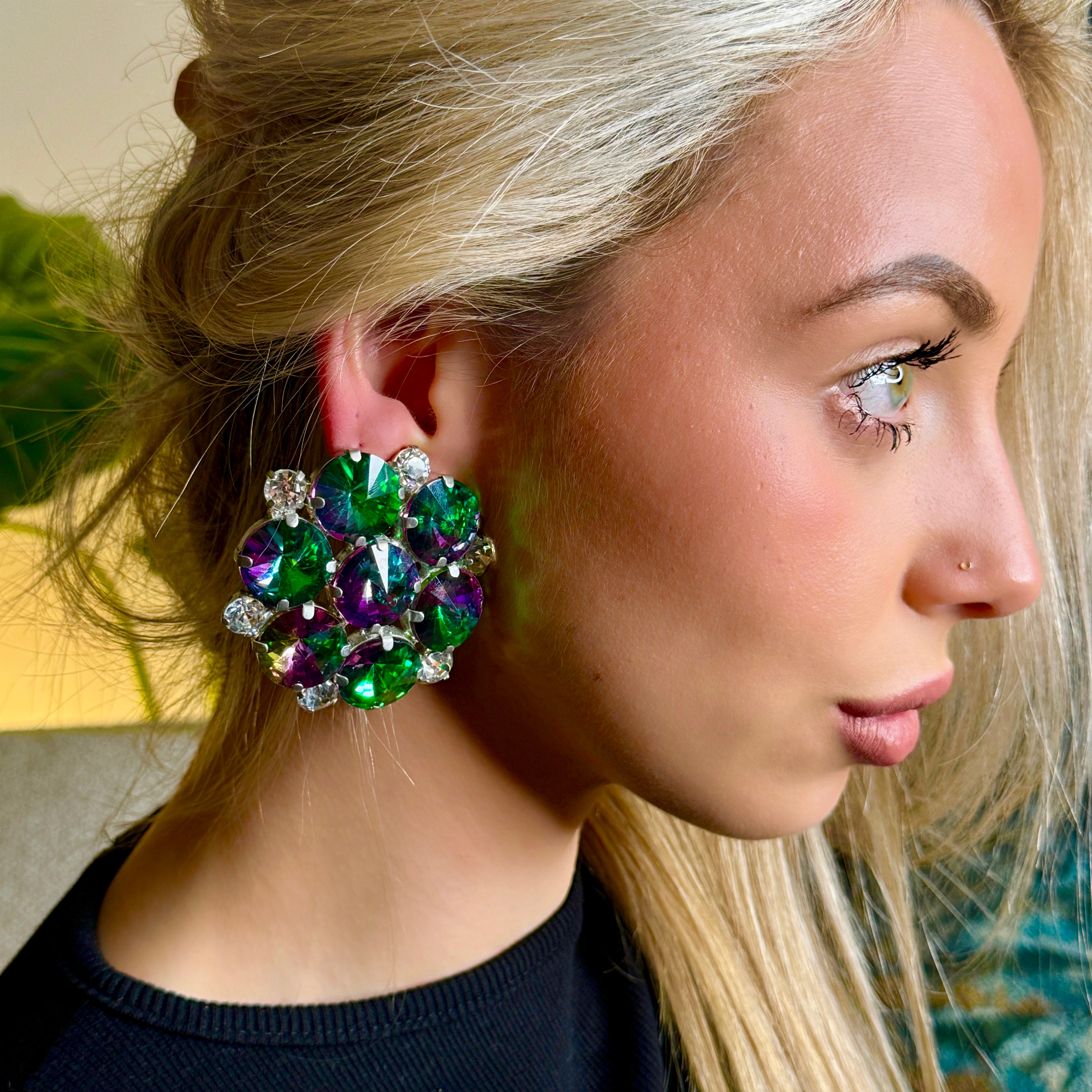 Dramatic Seawitch Green Cluster Earrings With Austrian Crystal