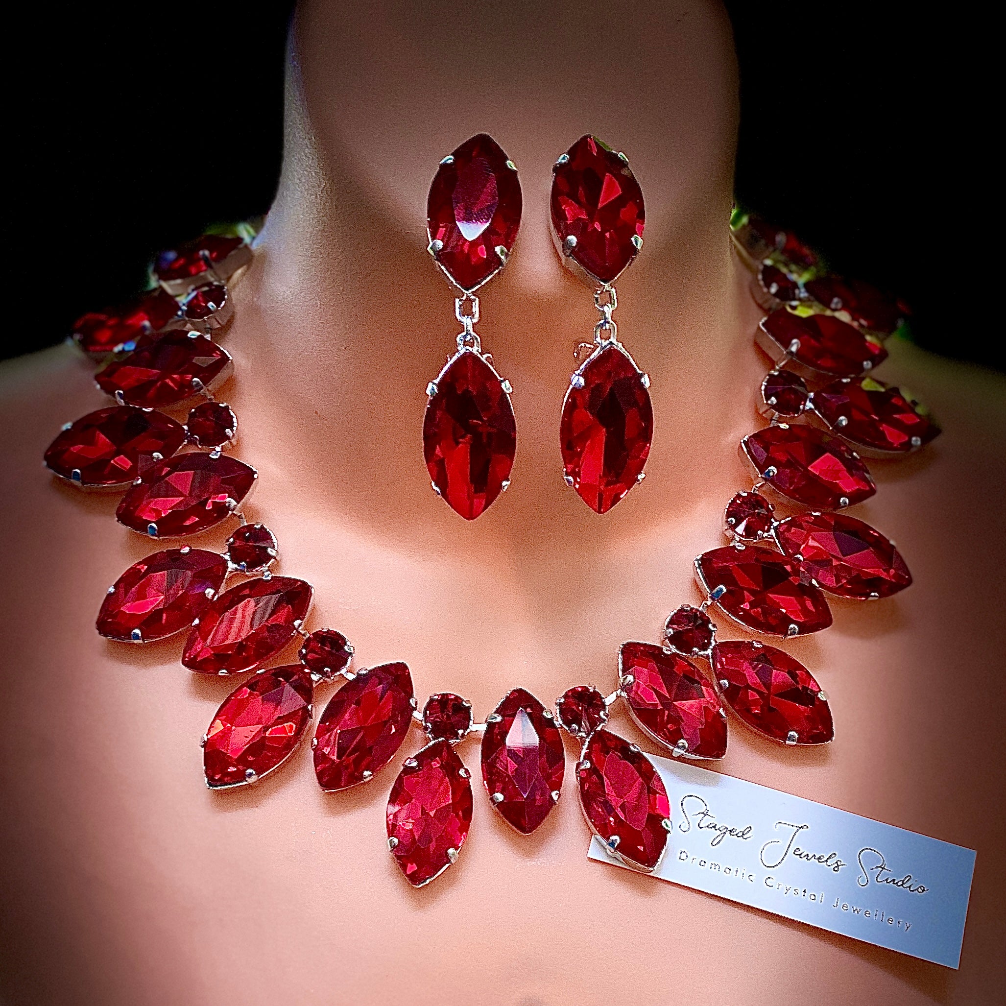 Ruby Red Crystal Necklace Set With Earrings