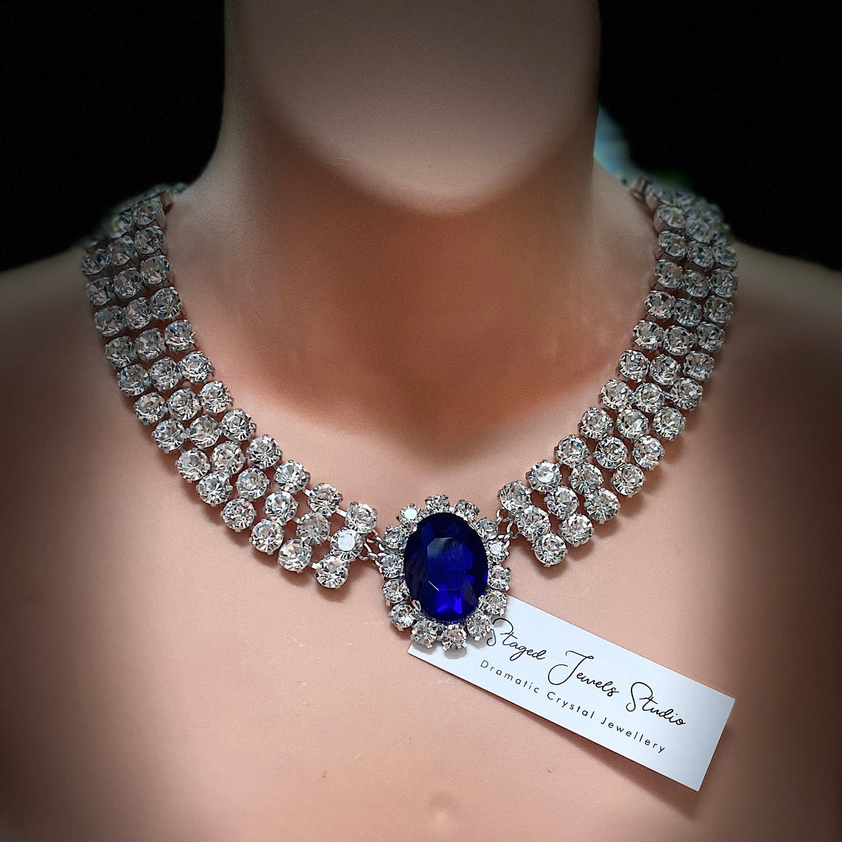 Princess Diana inspired Austrian crystal statement necklace in sapphire blue