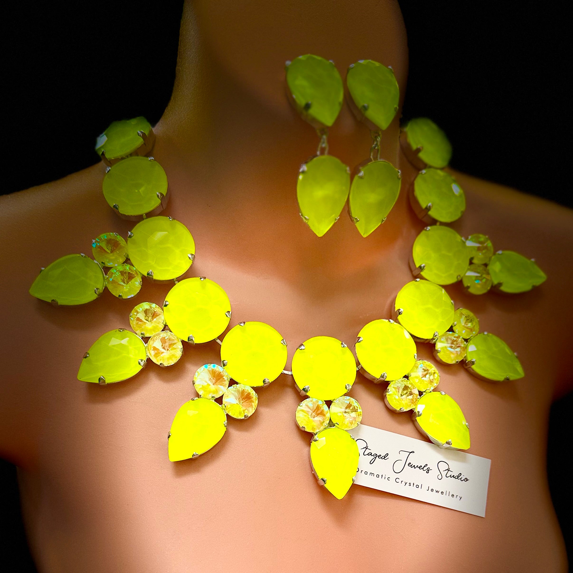 Neon Yellow Statement Necklace Set With Earrings