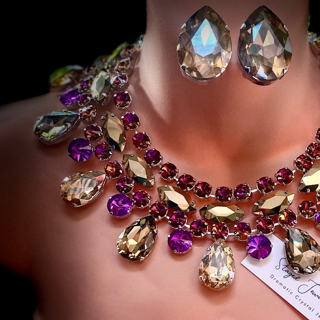 Velvet purple crystal collar necklace set