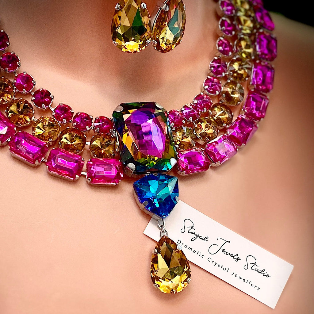 Multicolour Austrian crystal wreath necklace by Staged Jewels