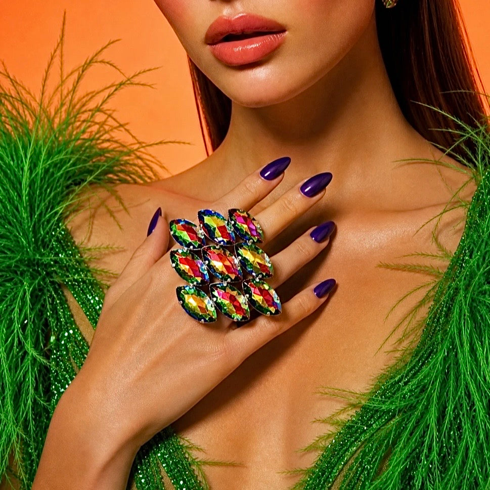 Oversized Petrol Green Crystal Ring