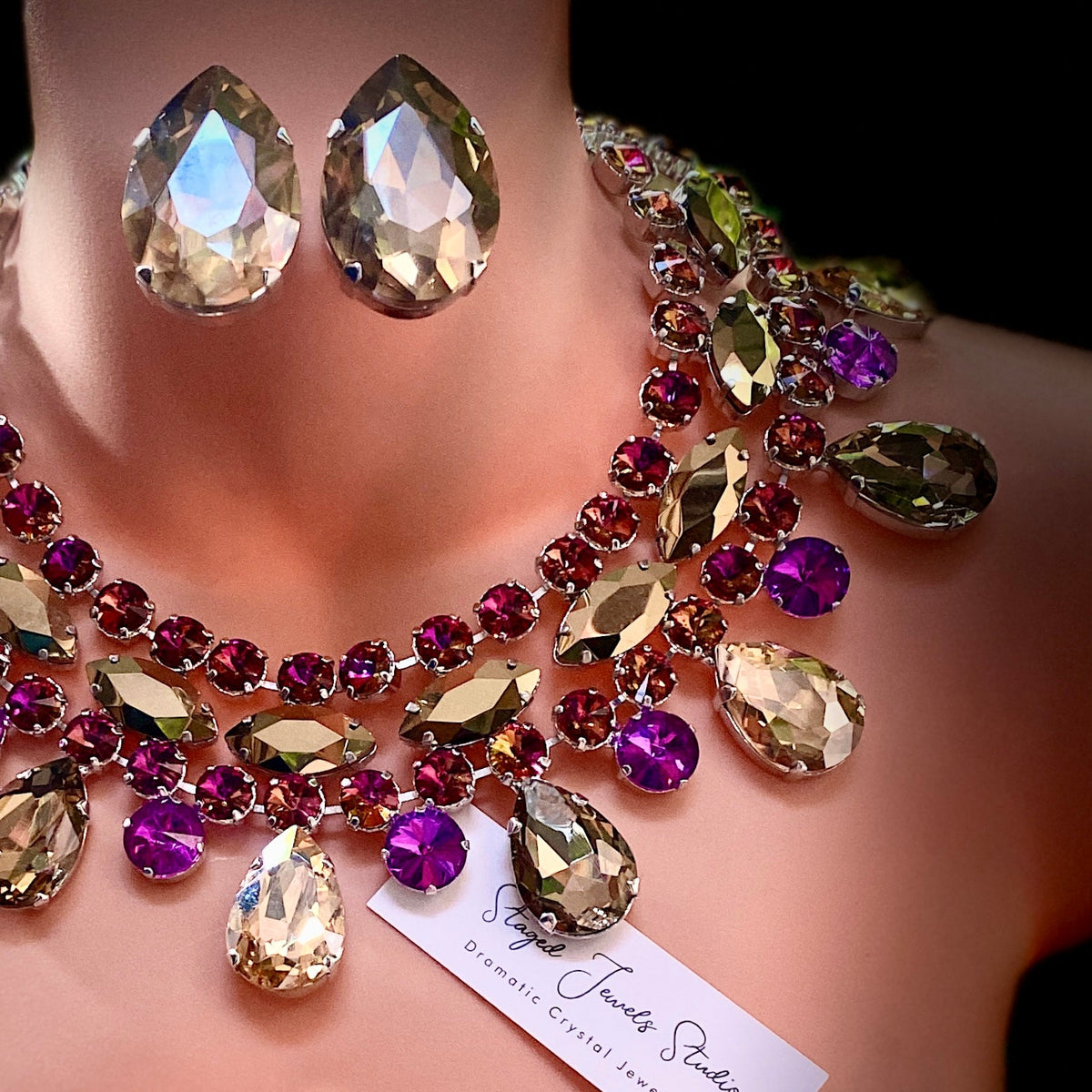 Purple and gold crystal statement collarette by Staged Jewels