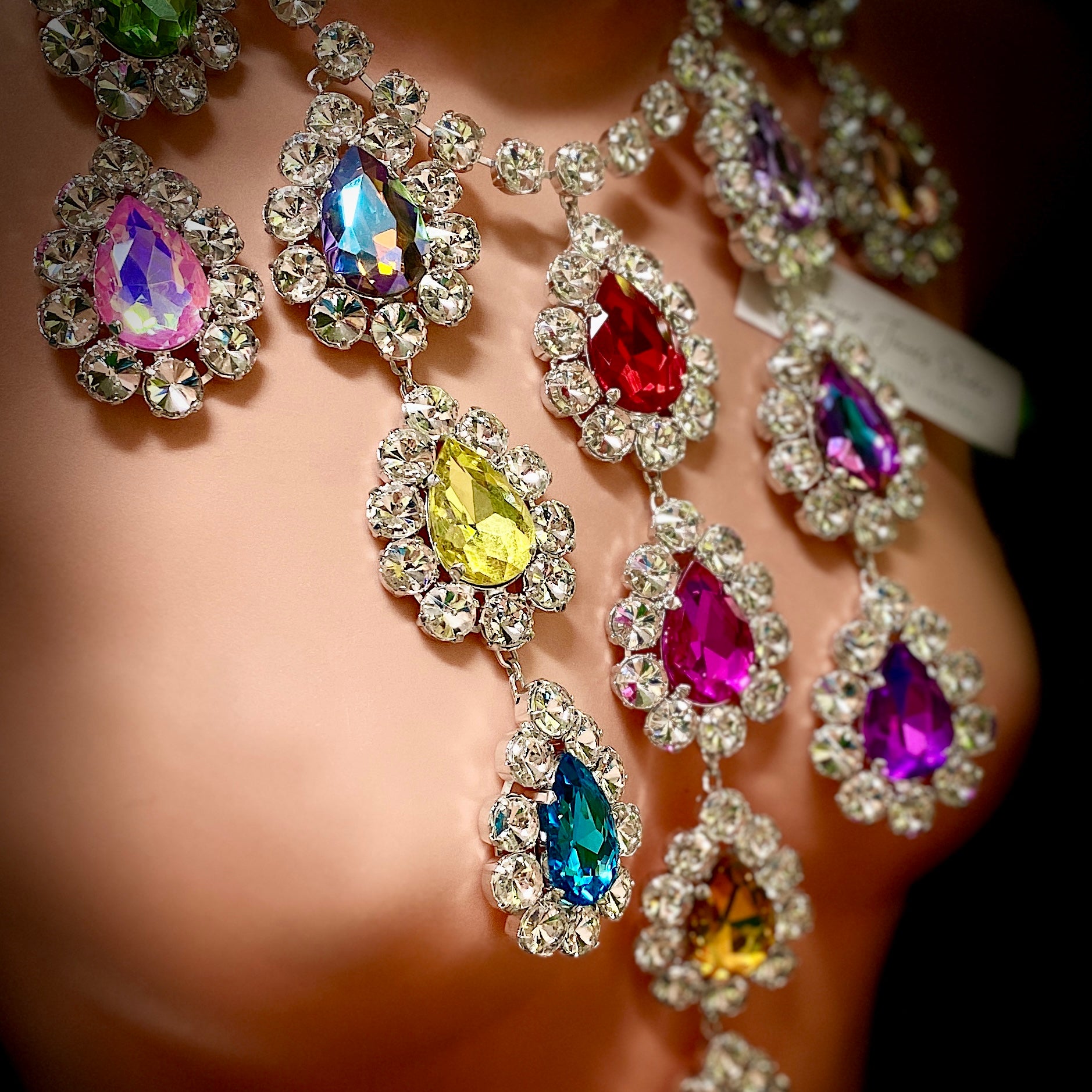 Mardi Gras Rainbow Crystal Teardrop Necklace