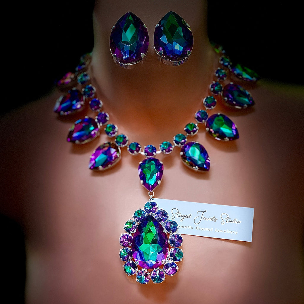 Dramatic crystal plunging necklace and earring set