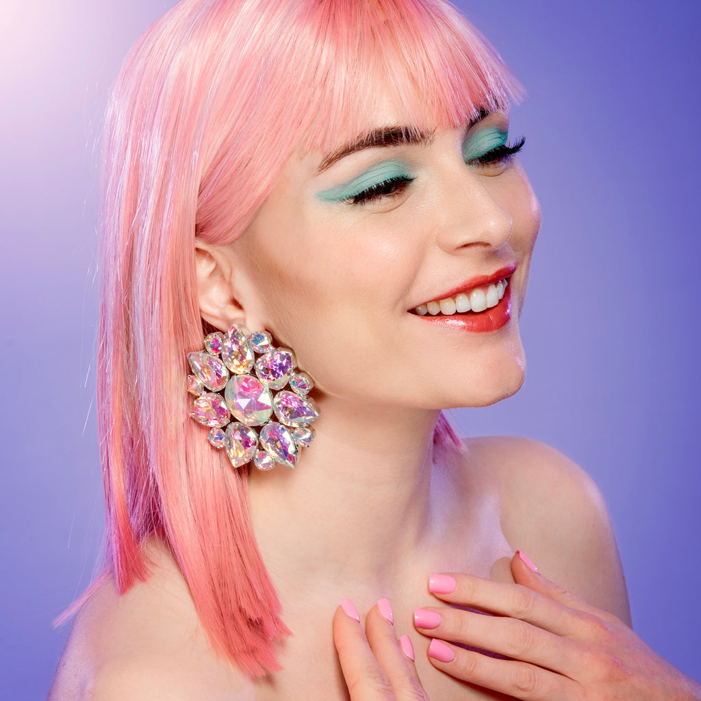 Giant Aurora Faux Diamond Cluster Earrings with Austrian Crystal