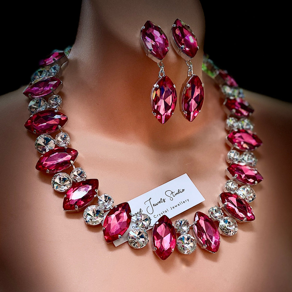 Vintage pink crystal wreath necklace and earrings