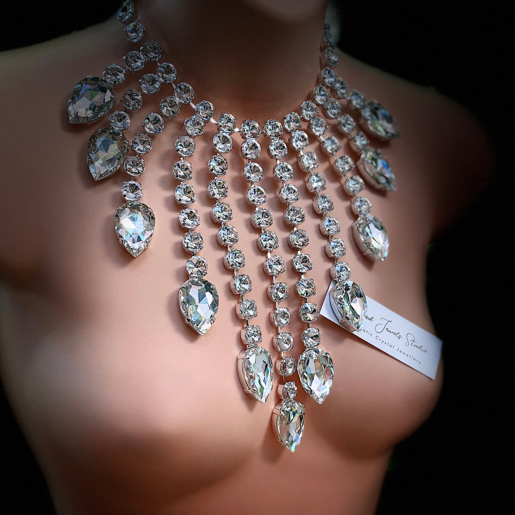 Dramatic crystal waterfall necklace with teardrop stones