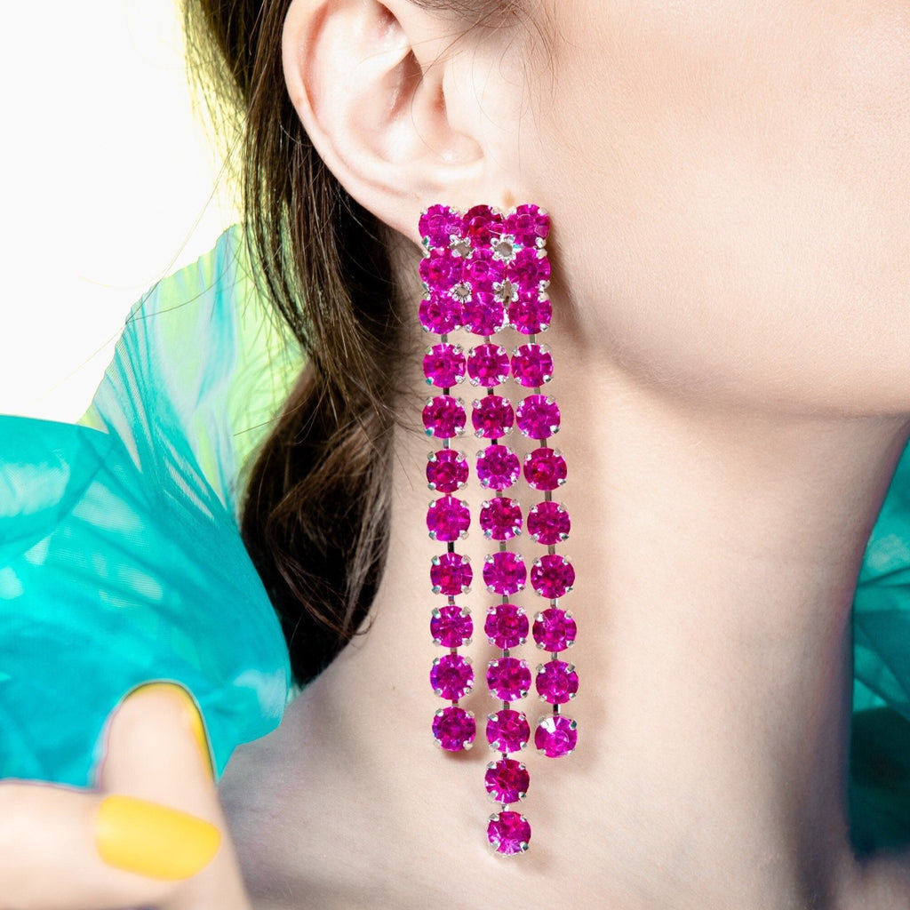 Hot Pink Multi-strand Waterfall Earrings With Austrian Crystal