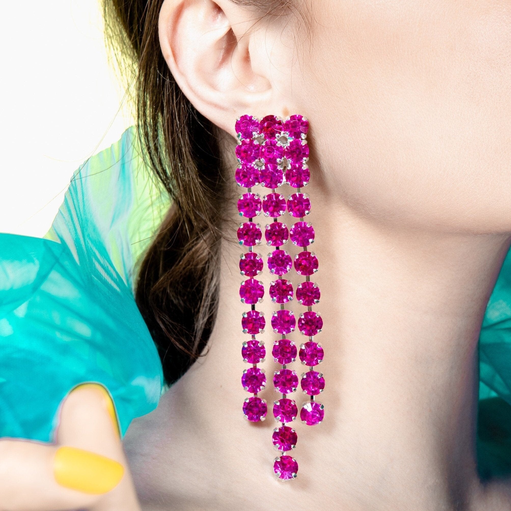 Hot Pink Multi-strand Waterfall Earrings With Austrian Crystal