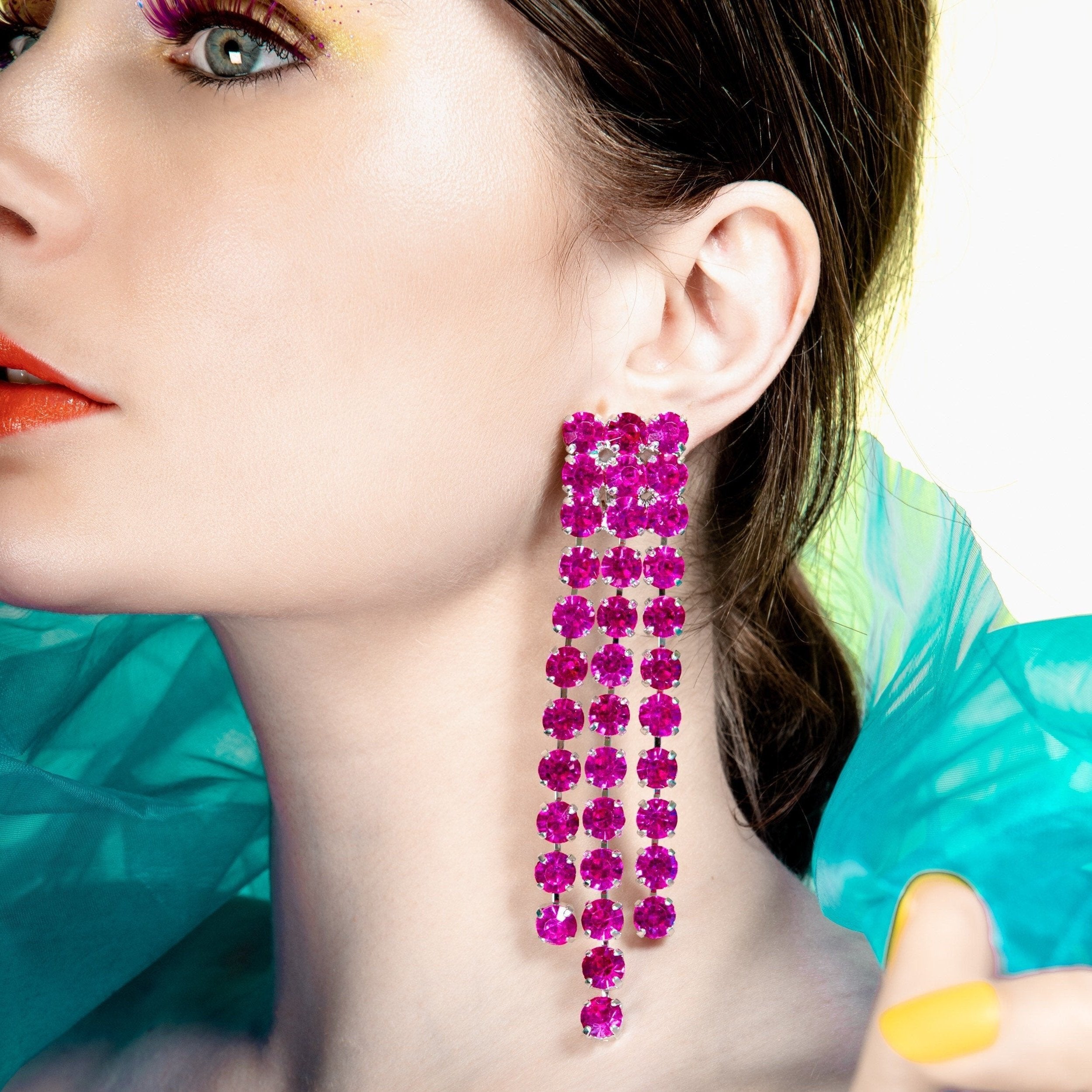 Hot Pink Multi-strand Waterfall Earrings With Austrian Crystal