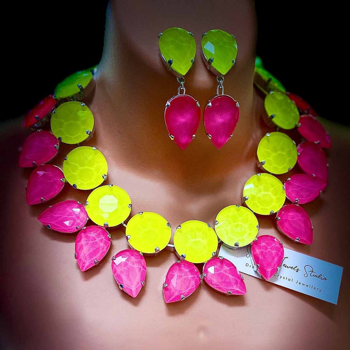 Citrus neon crystal statement necklace set with earrings