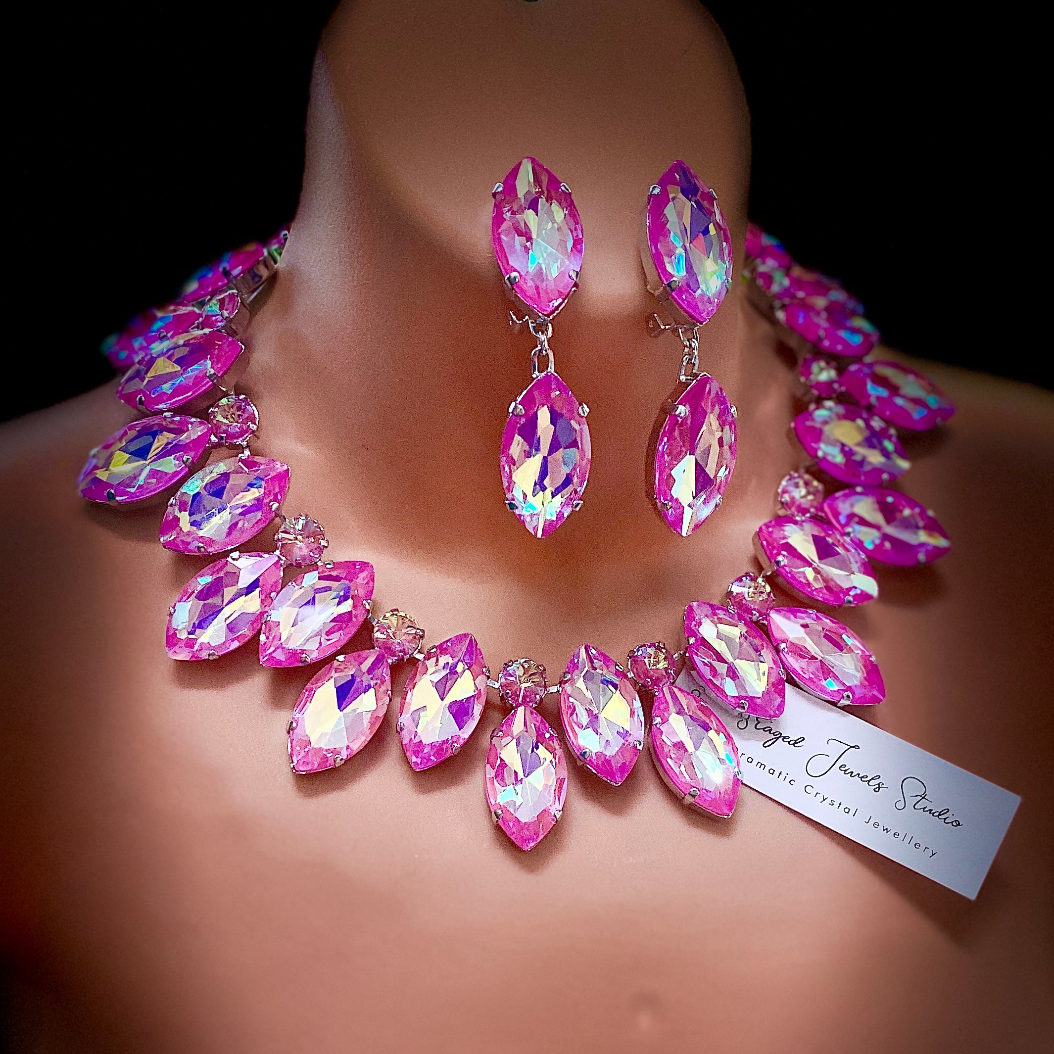 Pastel Pink Crystal Wreath Necklace With Earrings