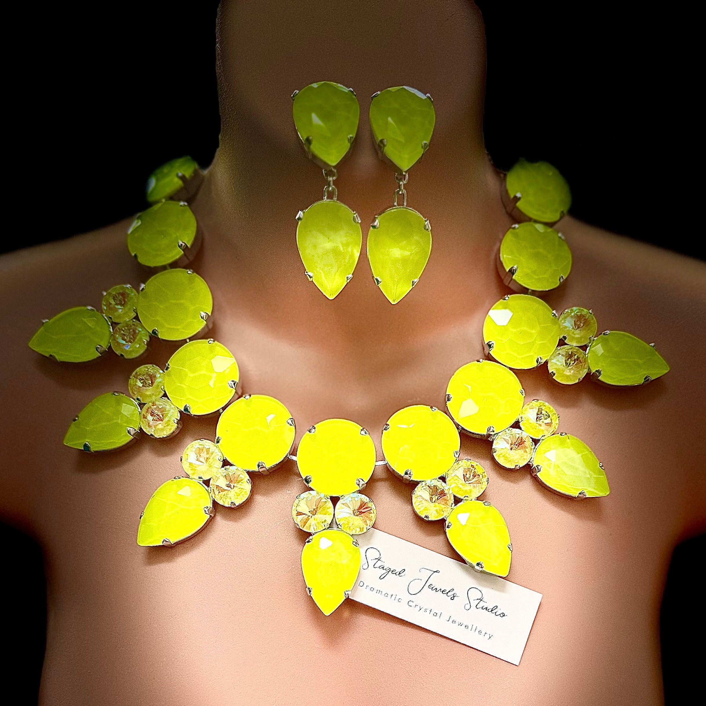 Neon Yellow Statement Necklace Set With Earrings