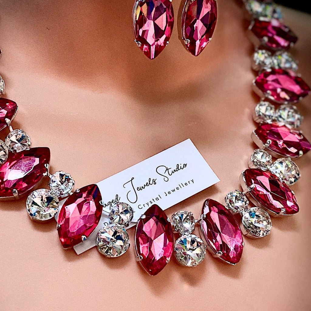 Pink crystal wreath statement necklace set by Staged Jewels