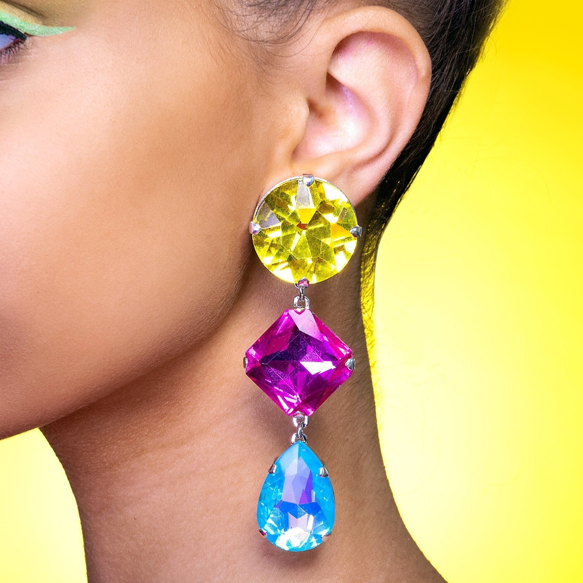 Vibrant Yellow Blue Pink Statement Earrings With Austrian Crystal