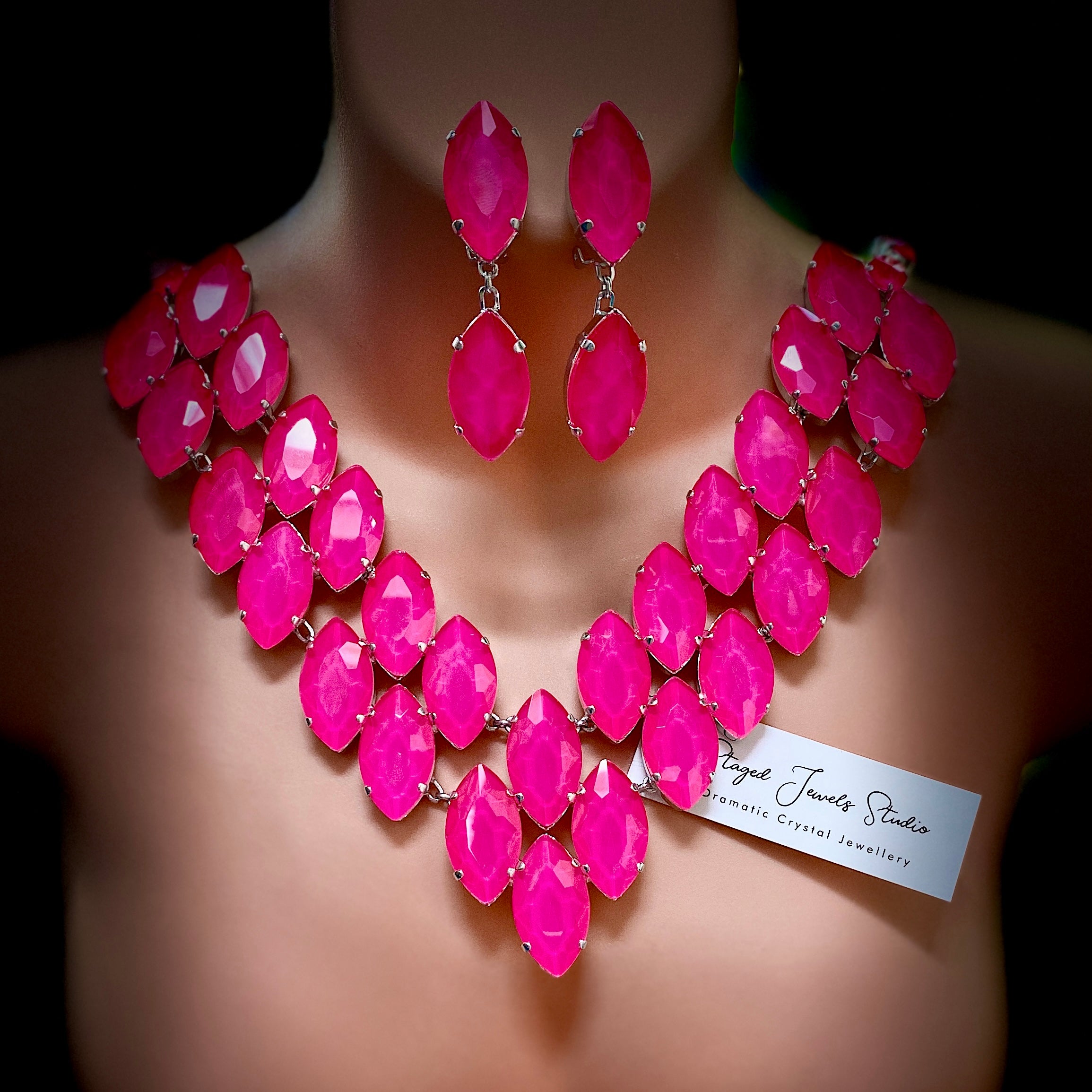 Neon Pink Oversized Crystal Statement Necklace Set