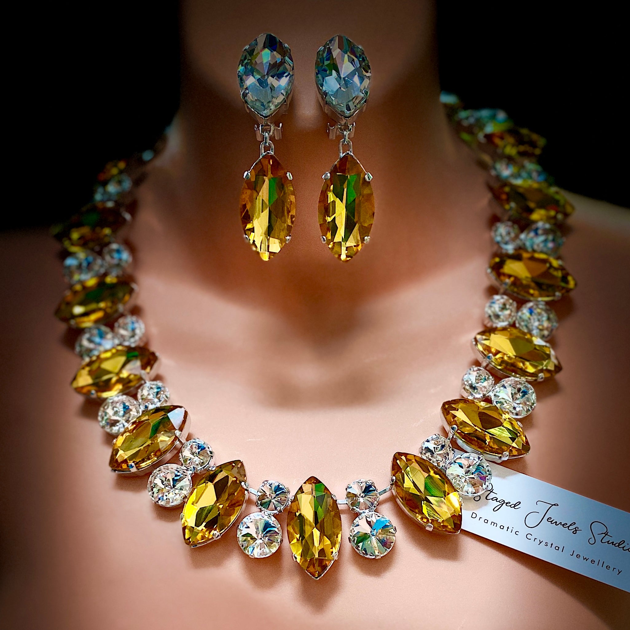 Hollywood Golden Yellow Plunging Crystal Necklace Set